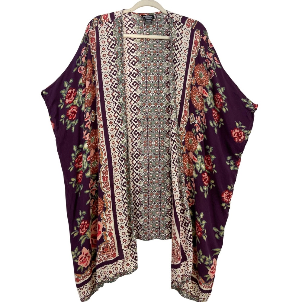 Angie Oversized Small Kimono Purple Floral Boho Open Front Rayon Women OS